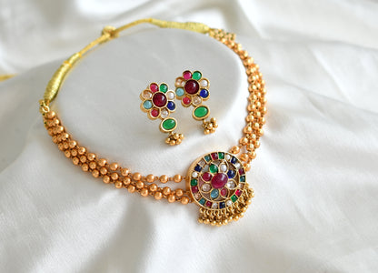 Matte finish navarathna multi layer pearl choker set dj-31226