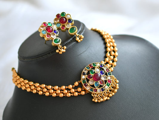 Matte finish navarathna multi layer pearl choker set dj-31226