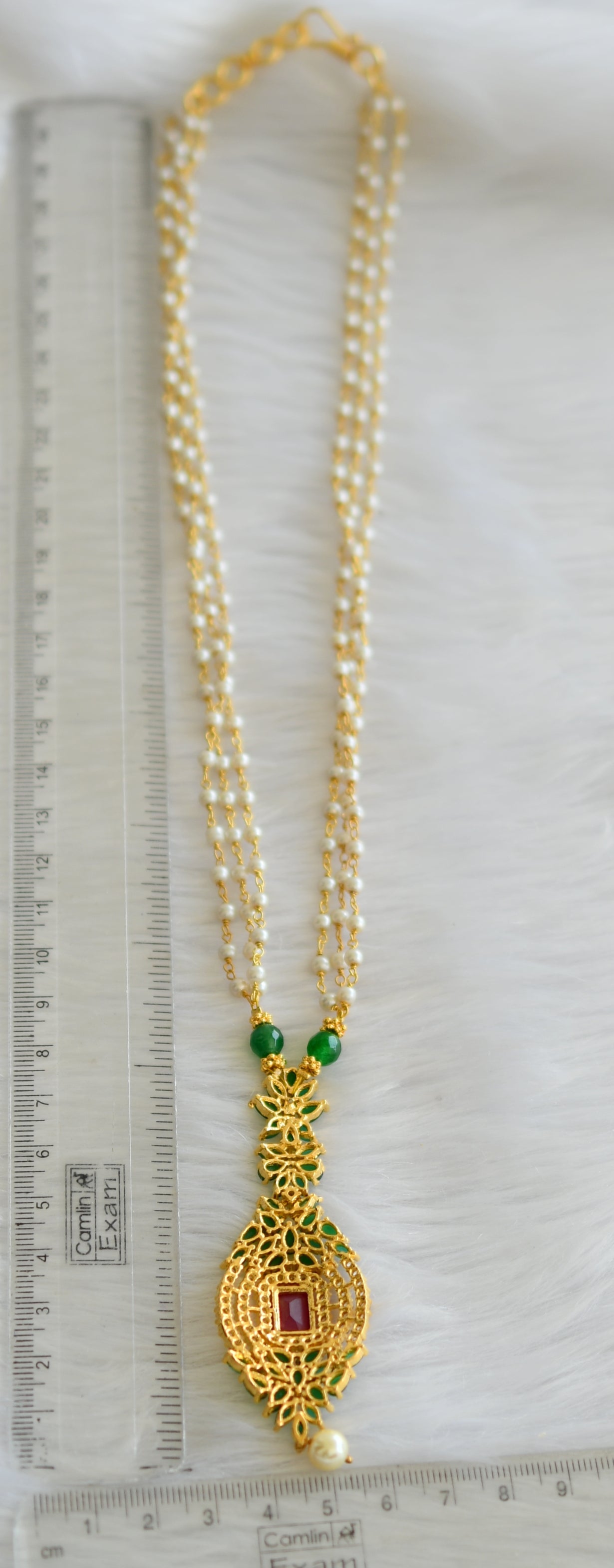 Gold tone cz ruby-emerald-white pearl chain haar dj-39359