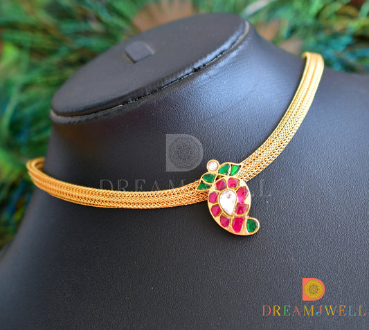 Gold tone kundan jadau pink-green-white mango pendant necklace dj-36280