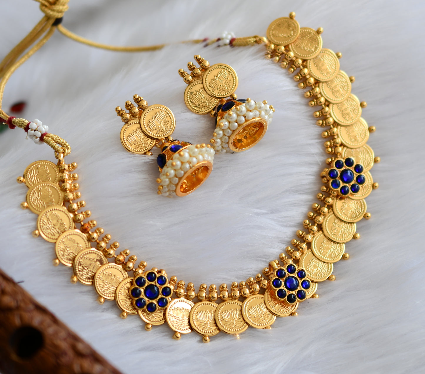 Gold tone blue Lotus coin necklace set dj-39351