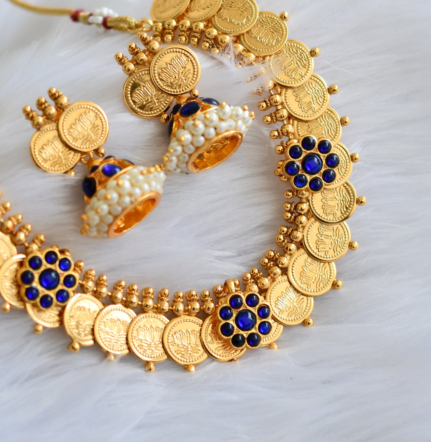 Gold tone blue Lotus coin necklace set dj-39351