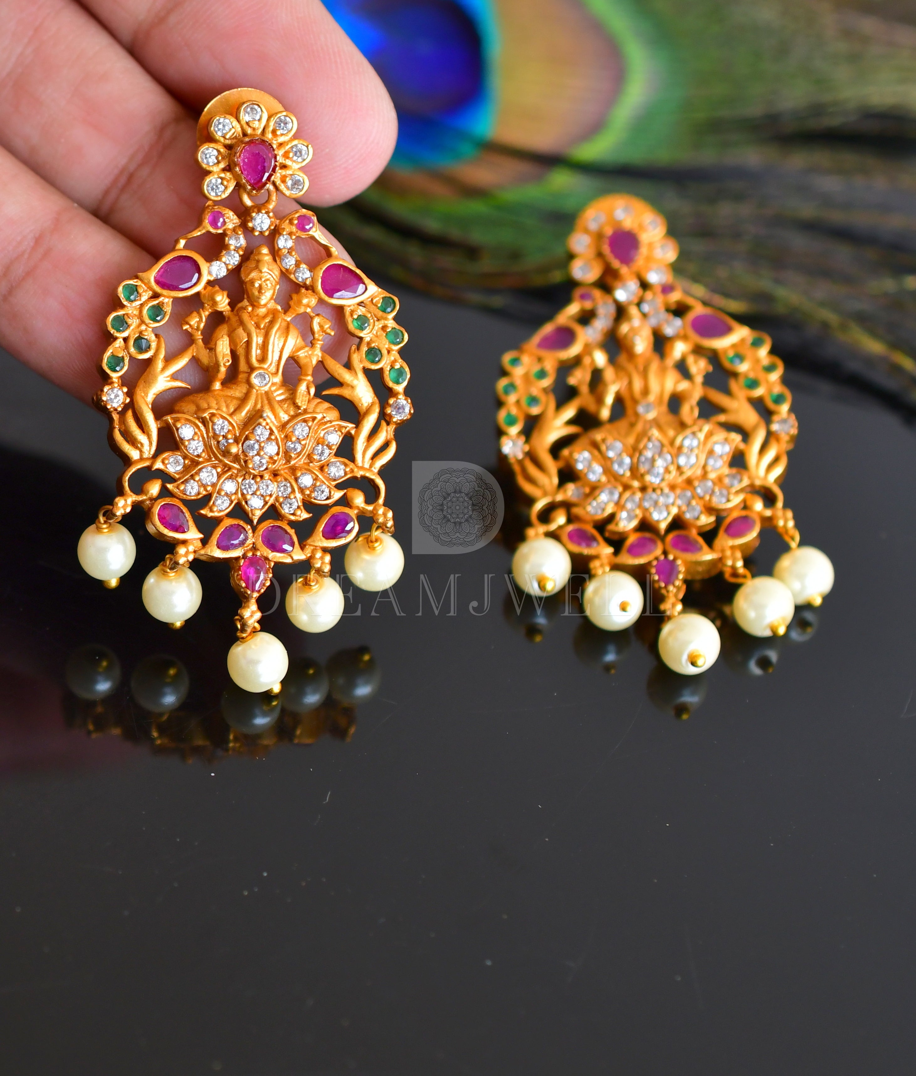 American Diamond Small Gold jhumka Earrings with Ruby Emerald CZ color –  Indian Designs