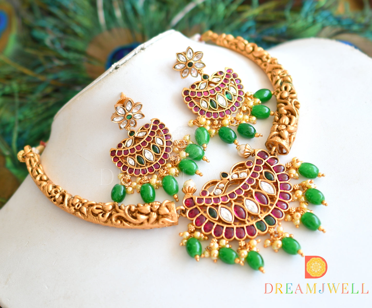 Matte Finish Cz Real Kemp-green Moon Hasli Necklace Set dj-33401