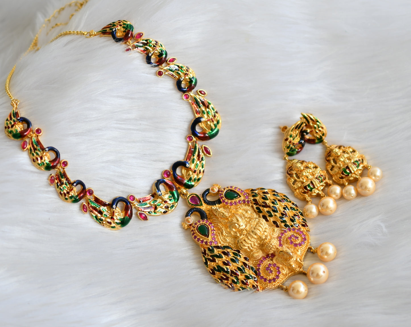 Gold tone peacock-lakshmi meenakari bridal necklace set dj-02546