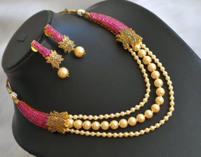 Antique Gold tone semiprecious ruby-pearl bridal Lotus necklace set dj-02544