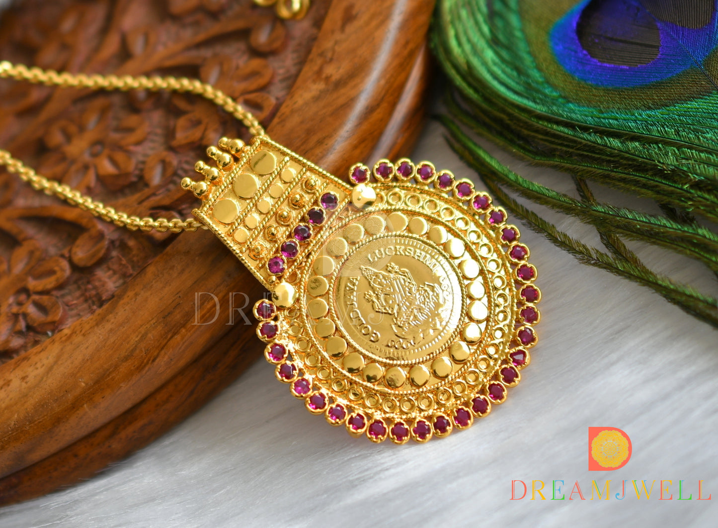 Gold tone pink stone Kerala style Lakshmi pendant with chain dj-37771