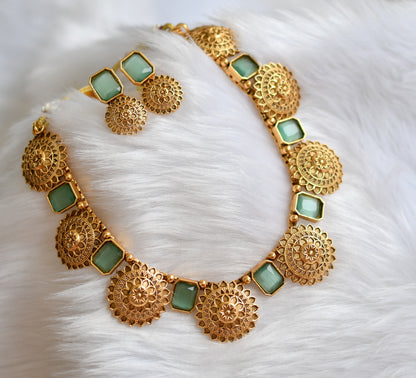 Antique gold tone block sea green stone necklace set dj-38642