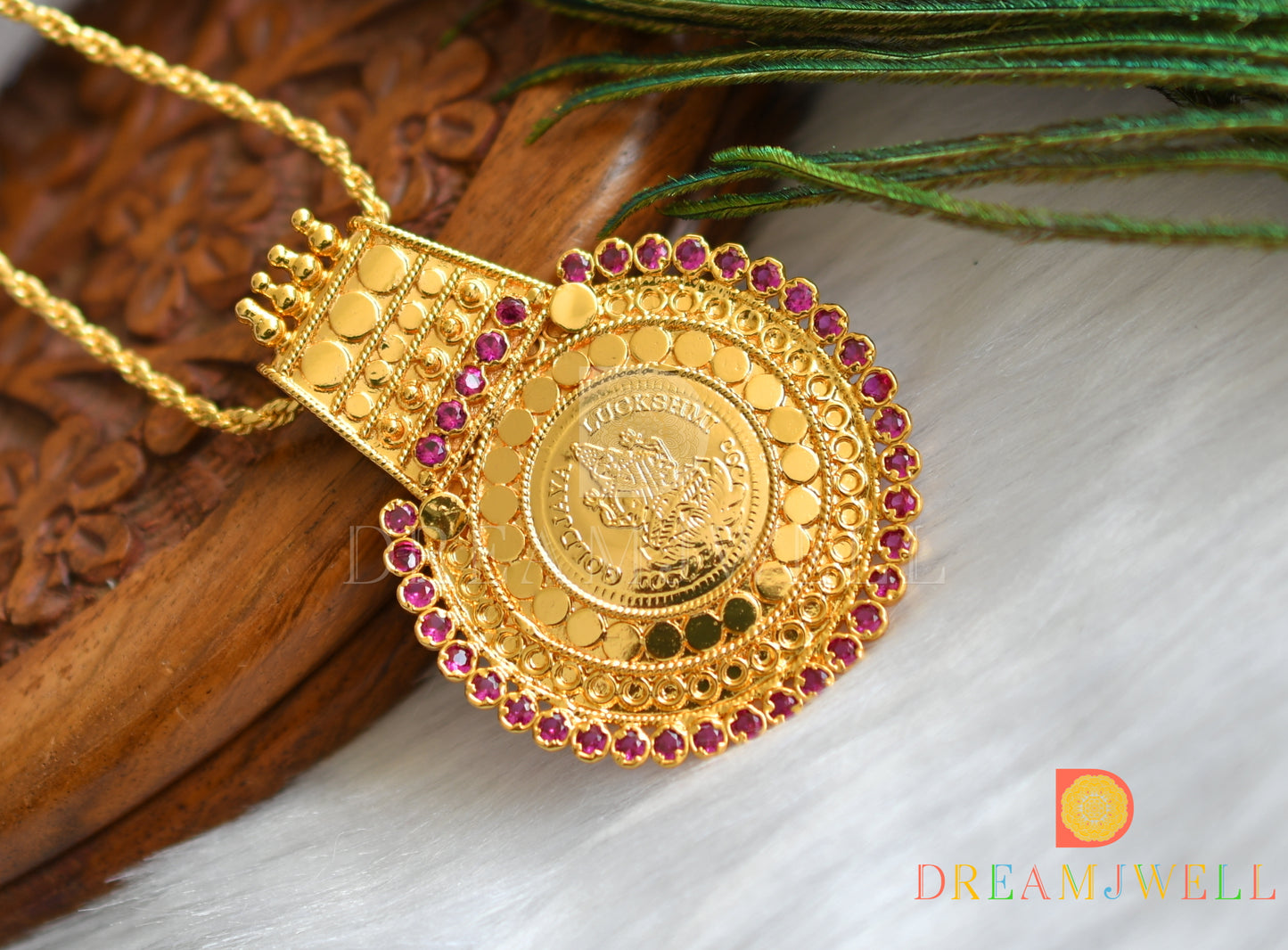 Gold tone pink stone Kerala style Lakshmi pendant with chain dj-37772