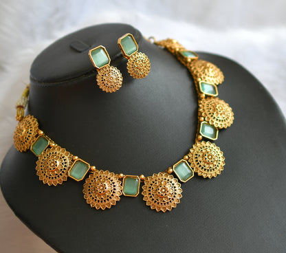 Antique gold tone block sea green stone necklace set dj-38642