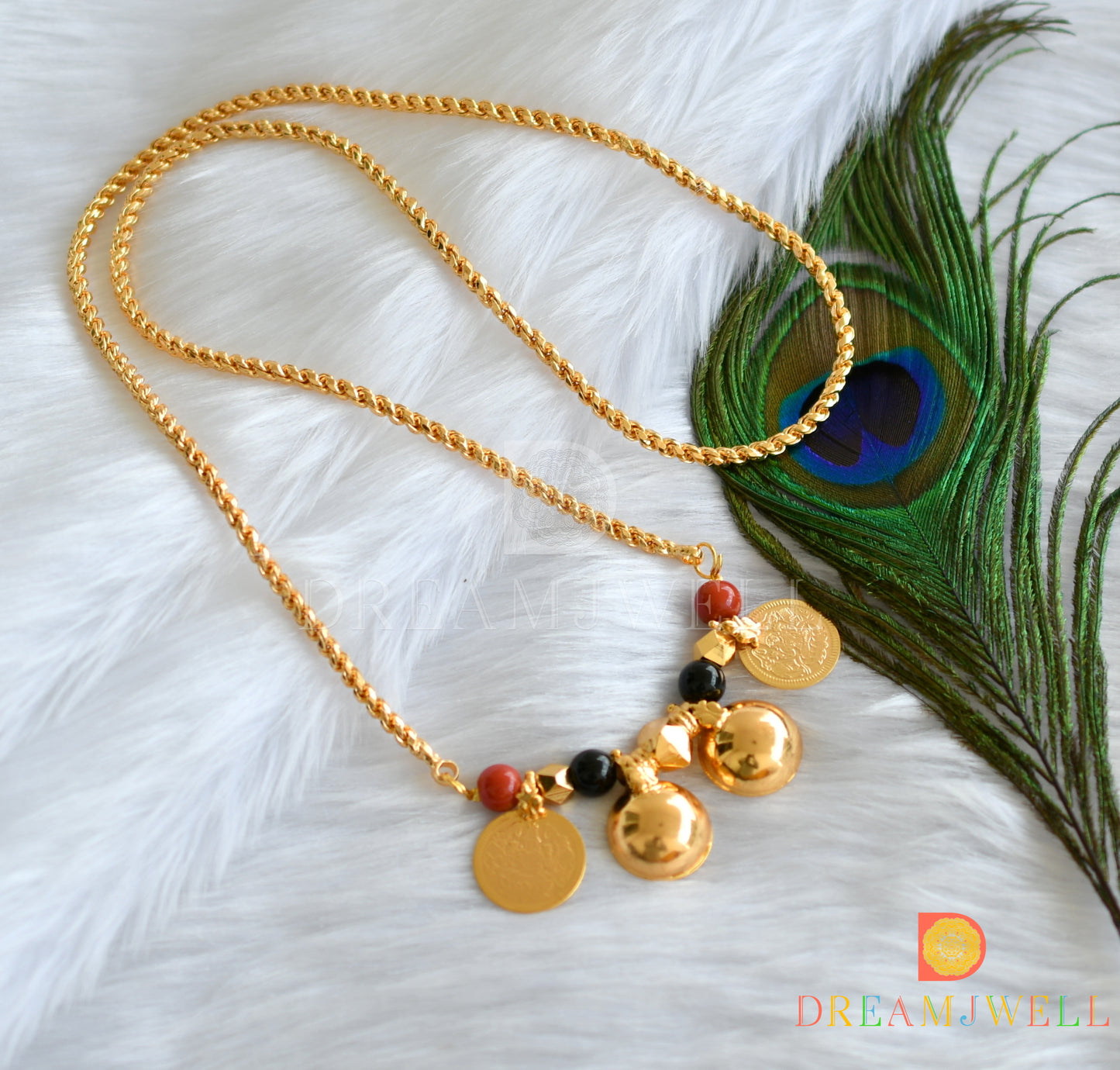 Gold tone coral-black beads Lakshmi coin Bottu mangalyam/Mangalsutra dj-37756