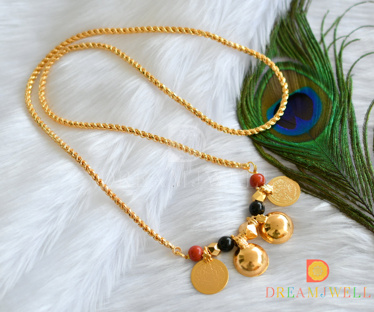 Gold tone coral-black beads Lakshmi coin Bottu mangalyam/Mangalsutra dj-37756