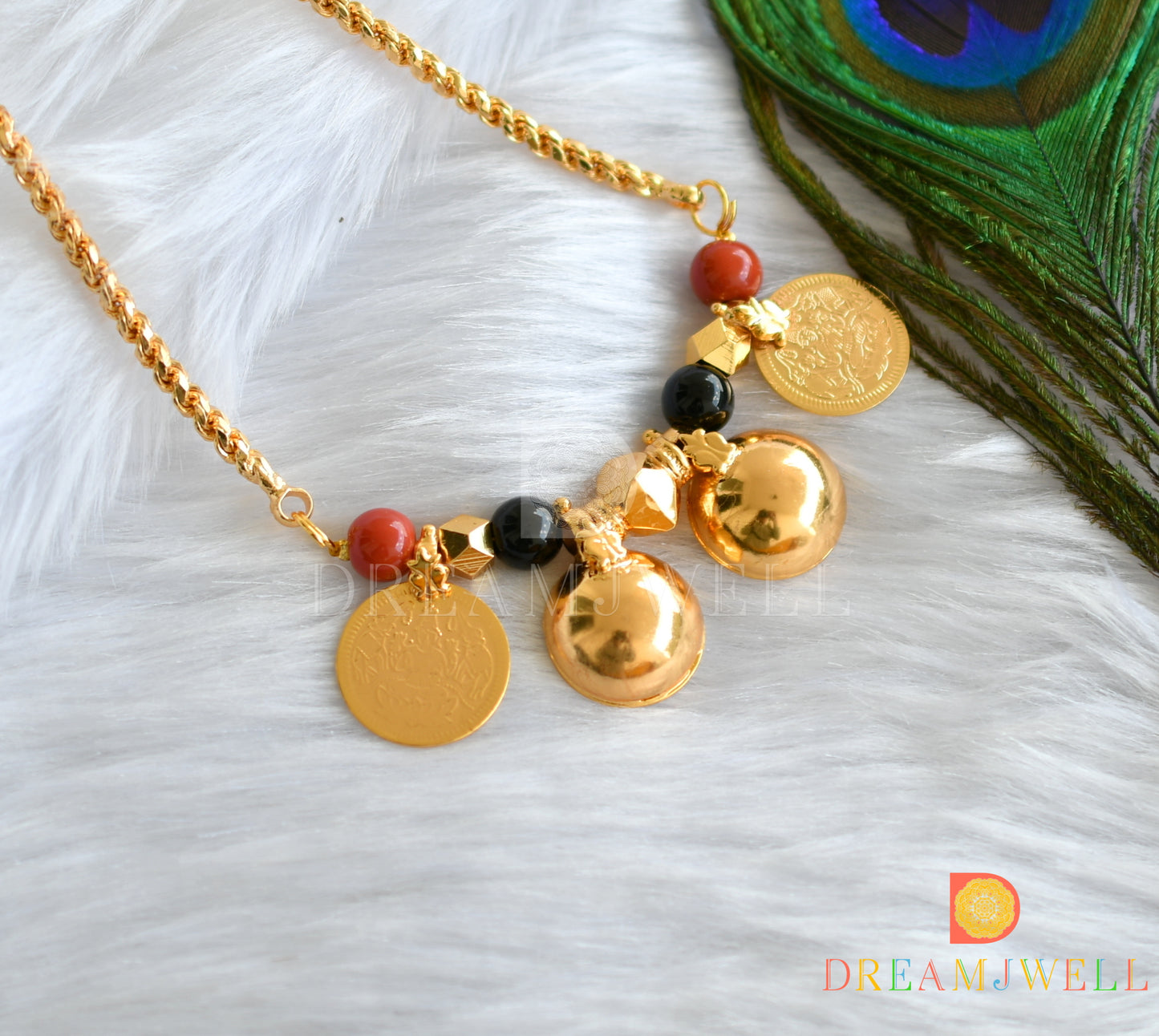 Gold tone coral-black beads Lakshmi coin Bottu mangalyam/Mangalsutra dj-37756