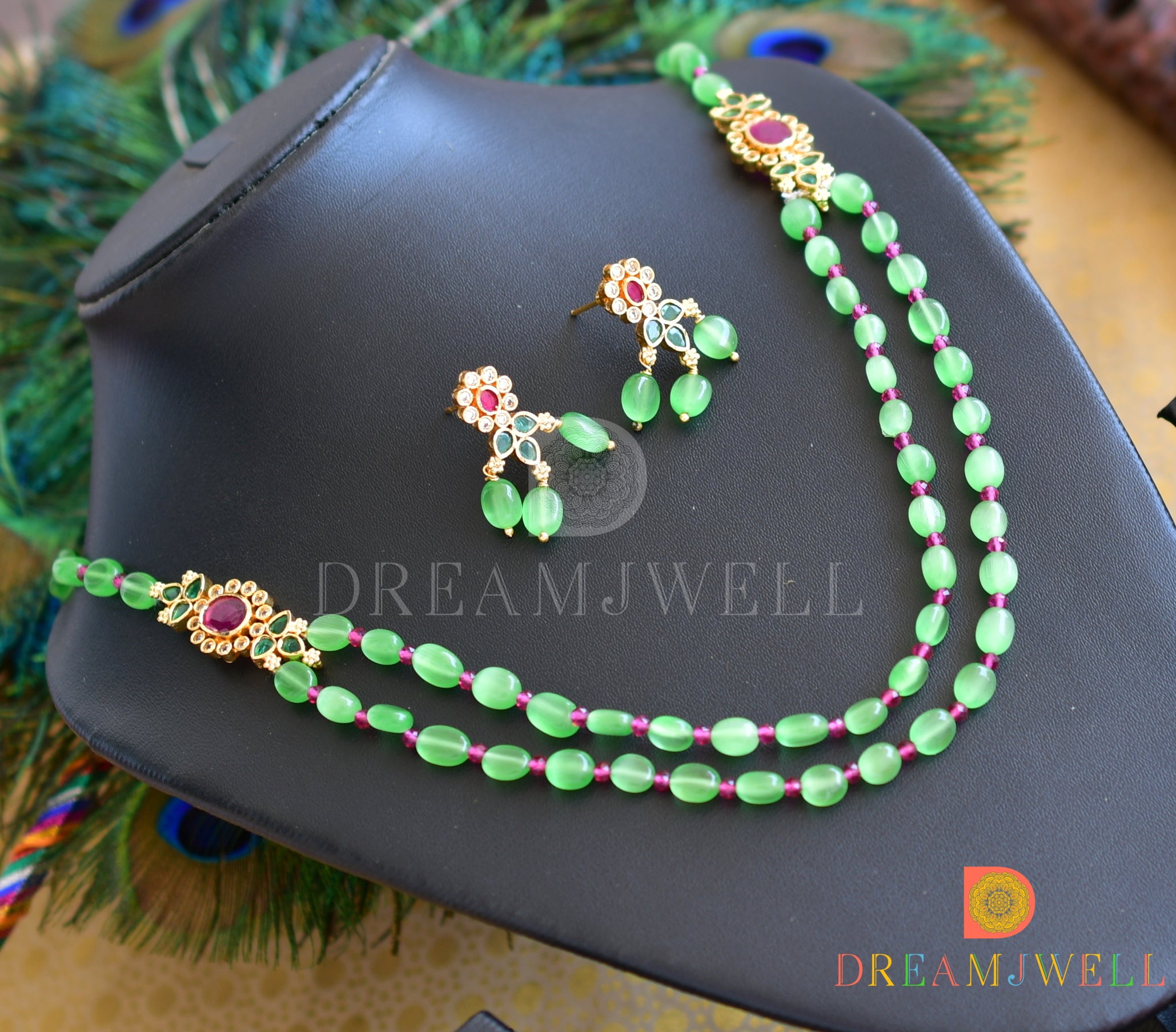 Green Printed Glass Beads Necklace With Earrings