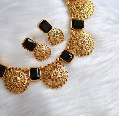 Antique gold tone block black stone necklace set dj-38644