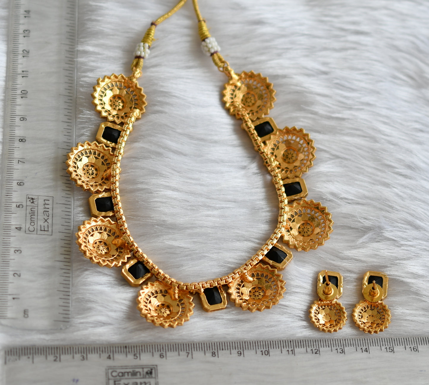 Antique gold tone block black stone necklace set dj-38644