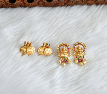 Gold tone ruby-emerald-white Lakshmi pendant Lotus coin haar set dj-39358