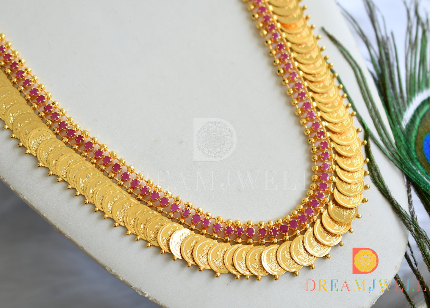 Gold tone ad pink stone Lakshmi coin haar dj-37769