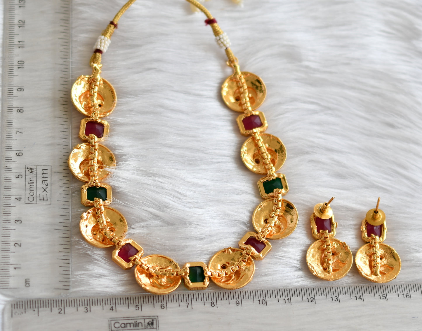 Antique gold tone block ruby-green stone swan necklace set dj-38649