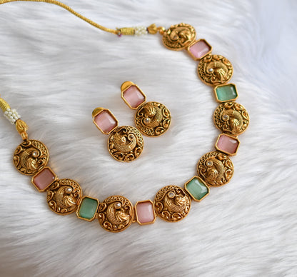 Antique gold tone block baby pink-sea green stone swan necklace set dj-38650