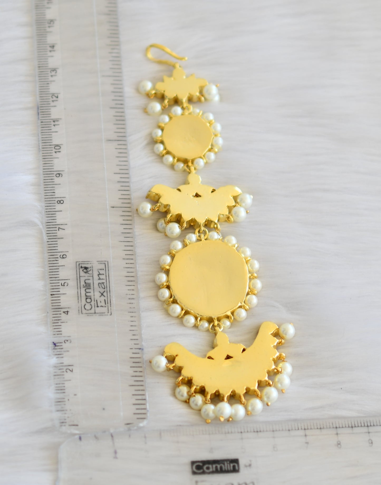Gold tone semi precious kemp-green pearl maang tikka dj-30220