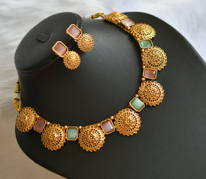 Antique gold tone block baby pink-sea green stone necklace set dj-38645