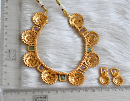 Antique gold tone block baby pink-sea green stone necklace set dj-38645