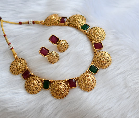 Antique gold tone block ruby-green stone necklace set dj-38647