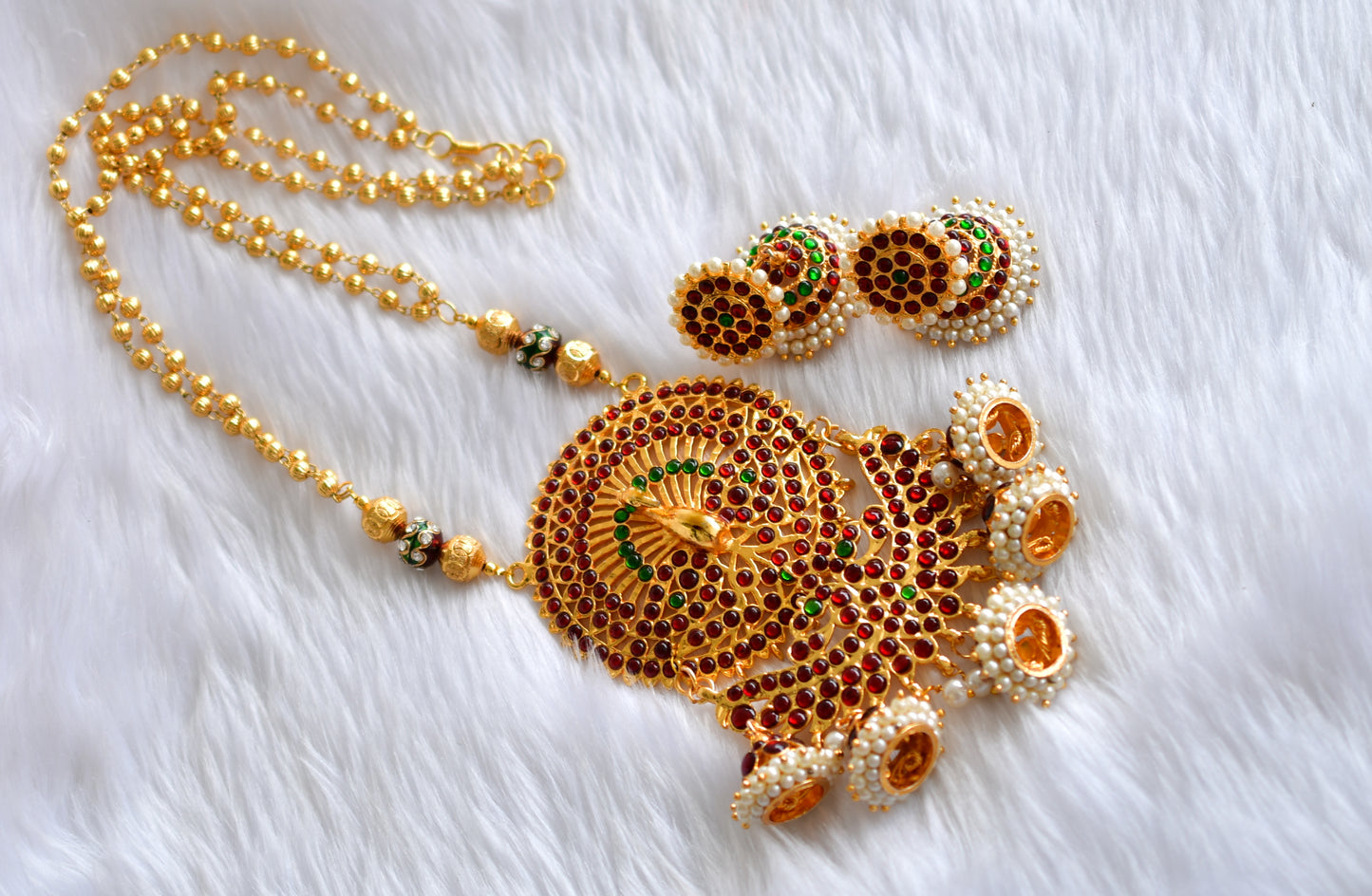 Gold tone  kemp-green peacock double pendant long haar set dj-20193