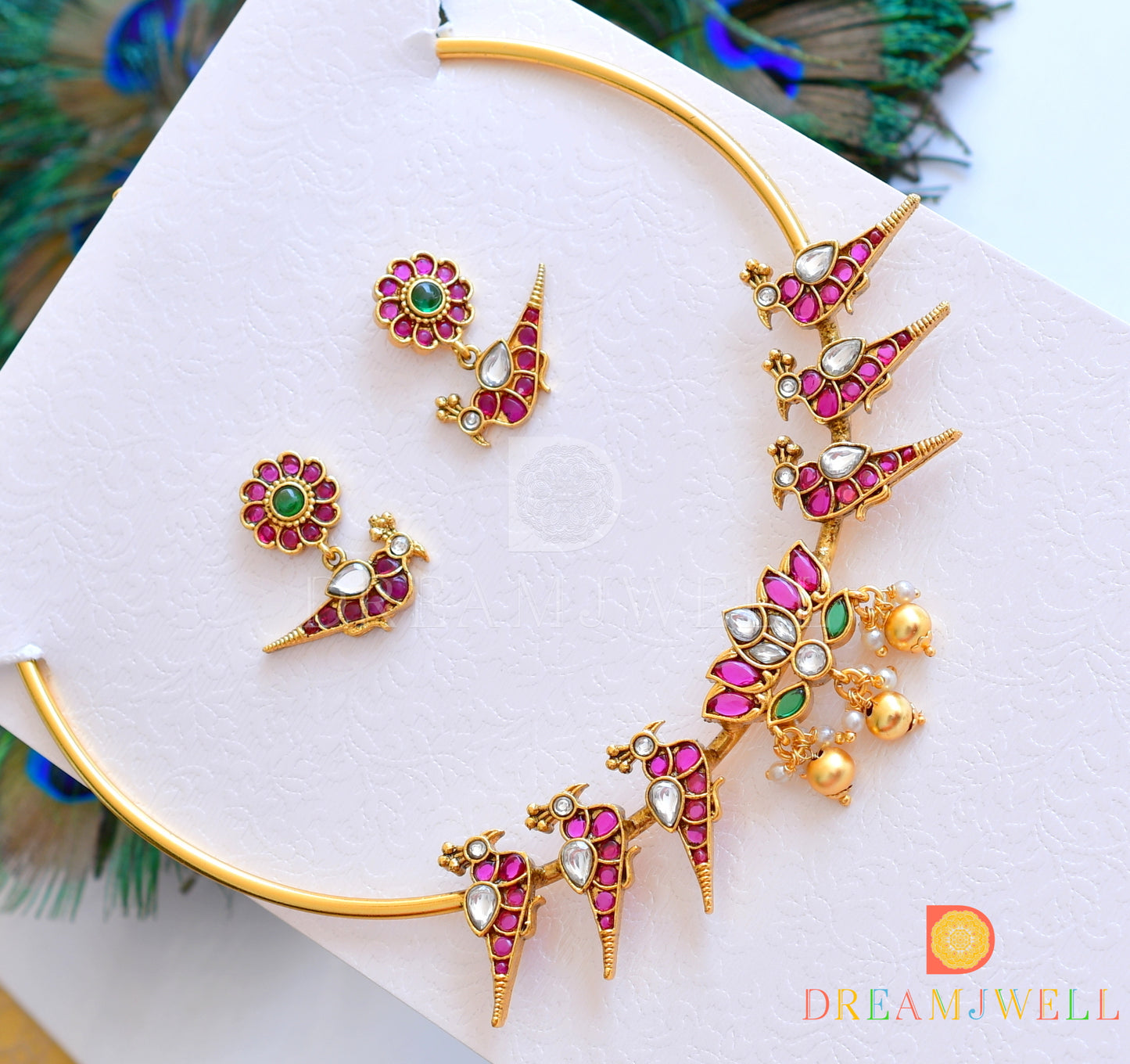 Matt finish kemp-green peacock-Lotus hasli necklace set dj-36305