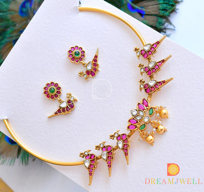 Matt finish kemp-green peacock-Lotus hasli necklace set dj-36305