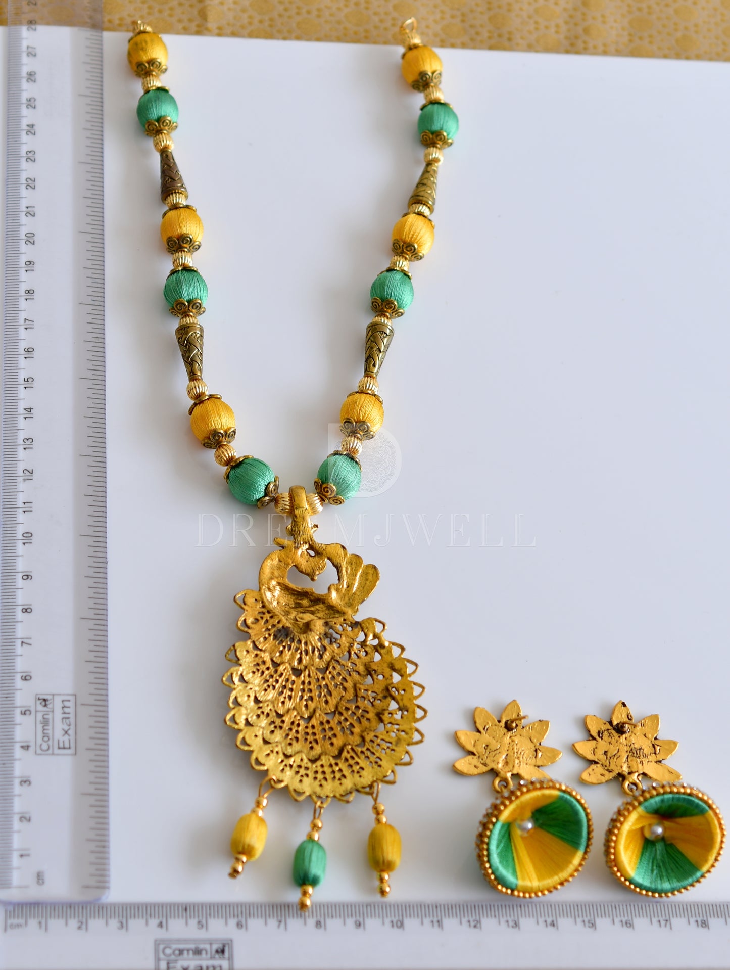 Antique  yellow-green silk thread peacock designer necklace set dj-35549