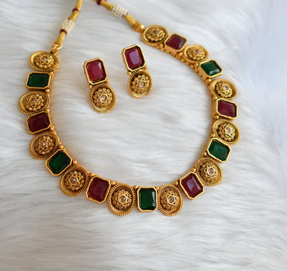 Antique gold tone block ruby-green stone flower necklace set dj-38652