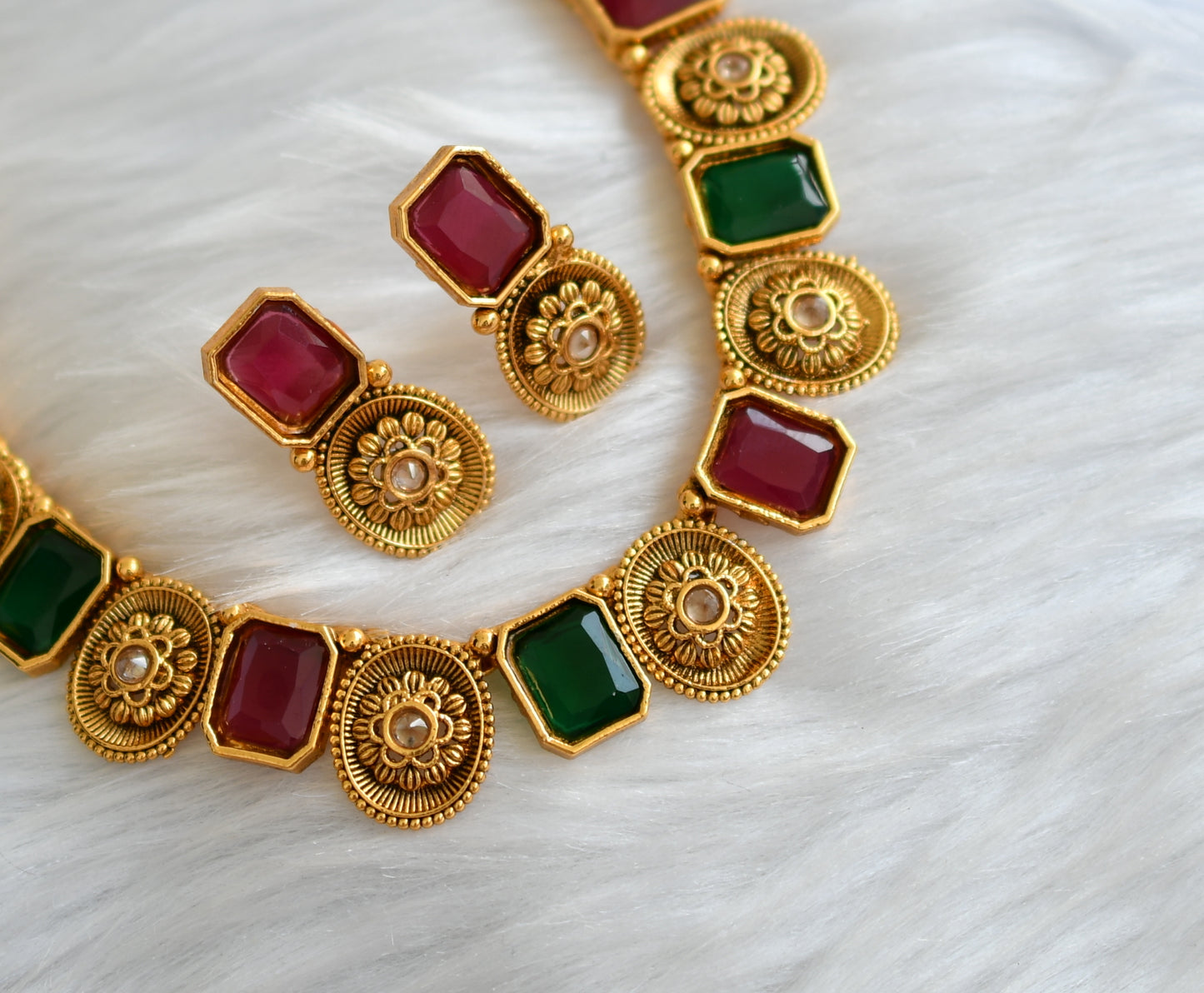 Antique gold tone block ruby-green stone flower necklace set dj-38652