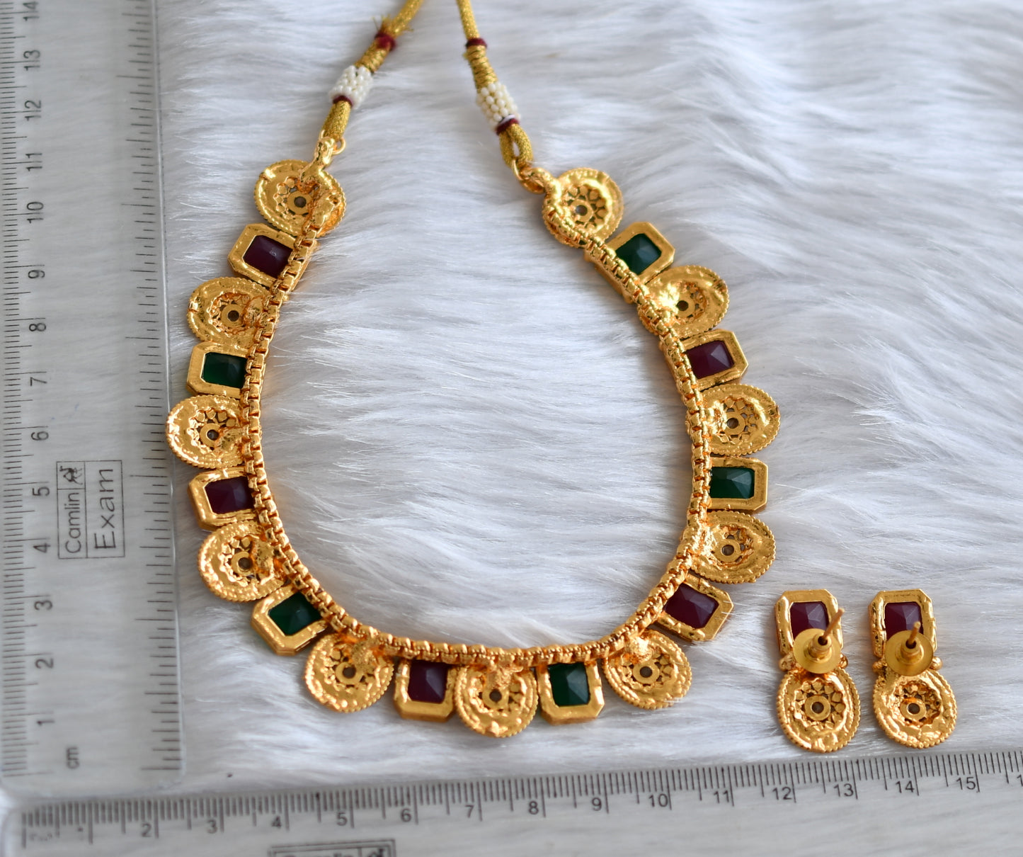 Antique gold tone block ruby-green stone flower necklace set dj-38652