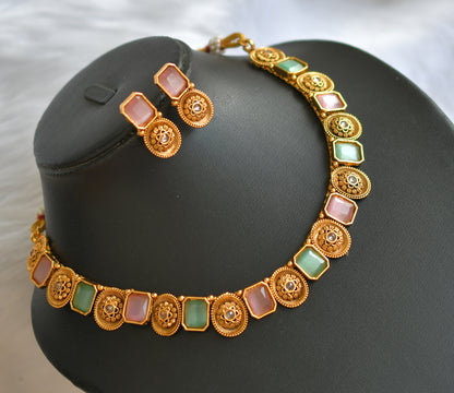 Antique gold tone block baby pink-sea green stone flower necklace set dj-38651