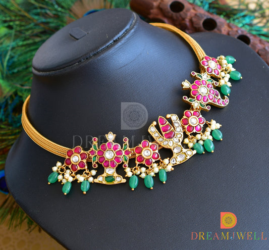 Gold tone kundan jadau pink-green-white shanku-chakra-nama designer necklace dj-36307