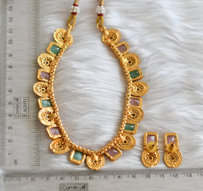 Antique gold tone block baby pink-sea green stone flower necklace set dj-38651