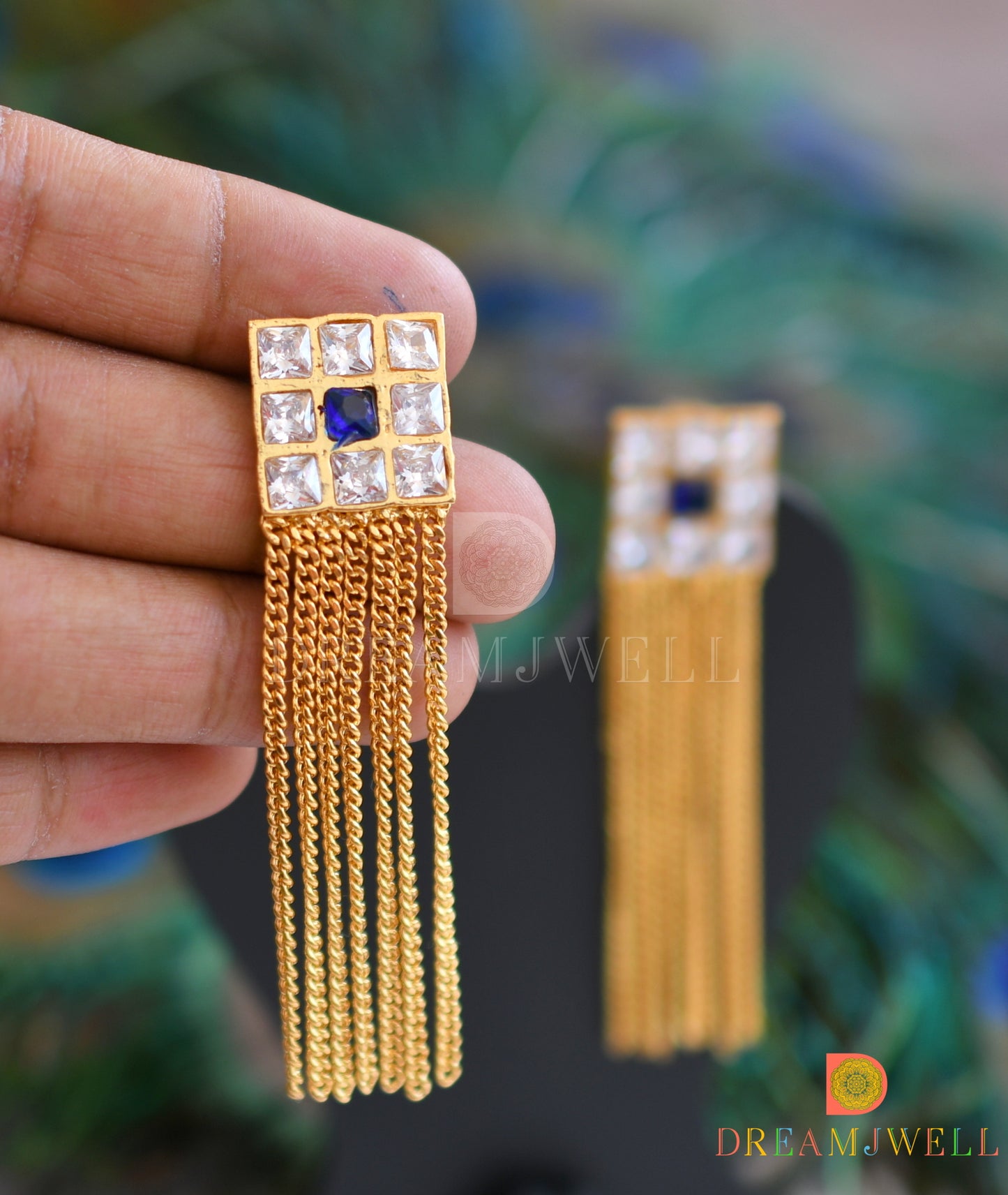 Gold tone polki-blue Long Earrings dj-06935