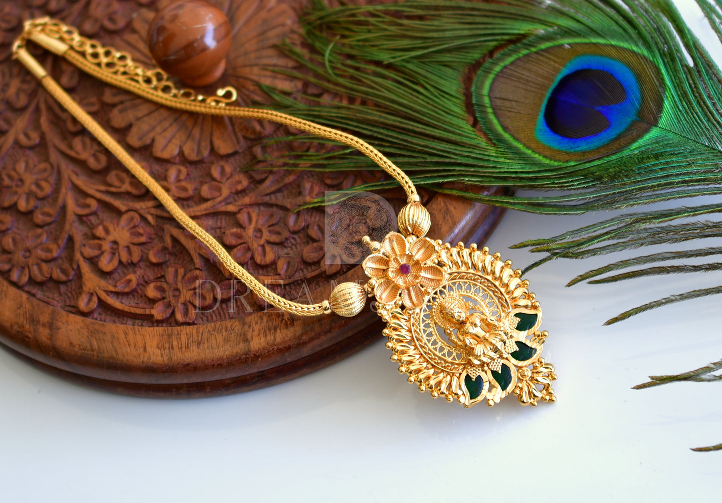 Gold tone kerala design laskshmi pendant chain with green mango dj-35483