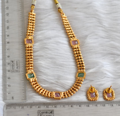 Antique gold tone baby pink-sea green block stone necklace set dj-38657