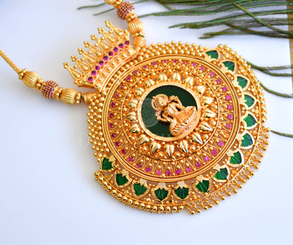 Gold tone palakka green-pink big Lakshmi designer pendant designer long necklace dj-35488