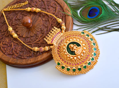 Gold tone palakka green-pink big Lakshmi designer pendant designer long necklace dj-35488