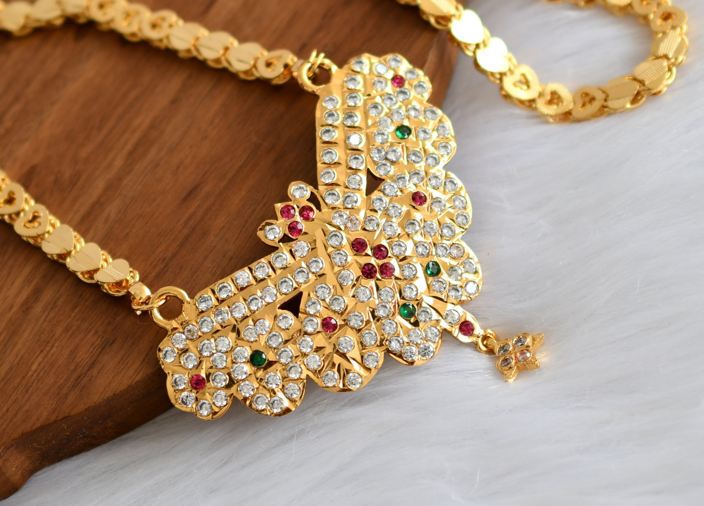 Gold tone ad ruby-emerald-white swan south Indian pendant with chain dj-39447