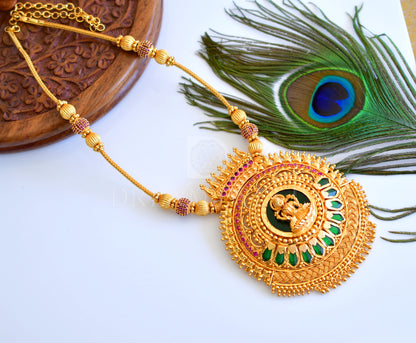 Gold tone green-pink big Lakshmi nagapadam designer pendant designer long necklace dj-35490