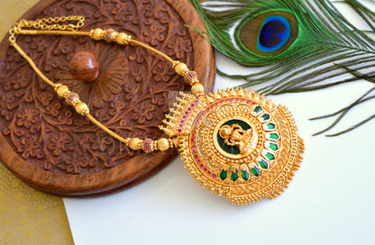 Gold tone green-pink big Lakshmi nagapadam designer pendant designer long necklace dj-35490