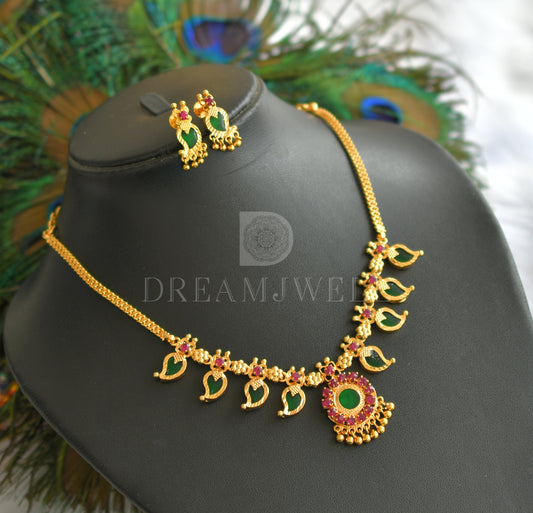 Gold tone pink-green 4 petal mango necklace set dj-34083