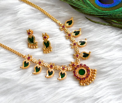 Gold tone pink-green 4 petal mango necklace set dj-34083