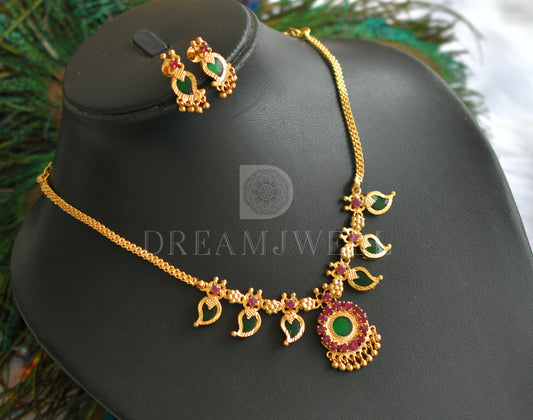 Gold tone pink-green 3 petal mango necklace set dj-34081