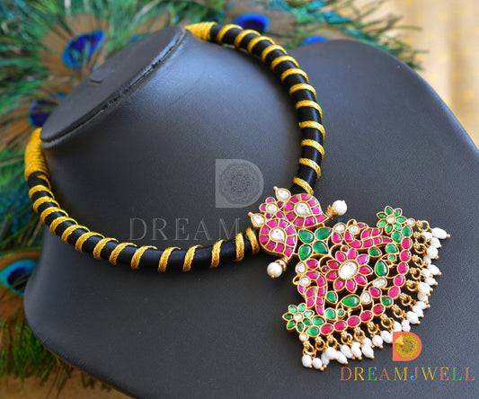 Gold tone Kundan jadau peacock-mango black silk thread necklace dj-36314